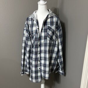 Men's Plaid Button Down Shirt with Hood - Blue and Gray